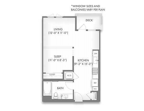 Floor plan for studio, 1 bath, 648 sqft